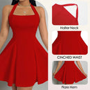 Mia Muse All Seasons Women's Dresses Fashion Halter Square Neck Pleated A-Line Mini Elegant Sexy Milkmaid Dress