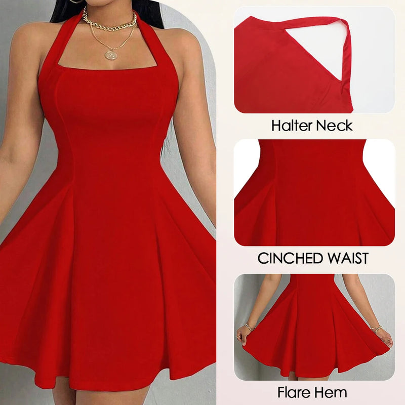 Mia Muse All Seasons Women's Dresses Fashion Halter Square Neck Pleated A-Line Mini Elegant Sexy Milkmaid Dress