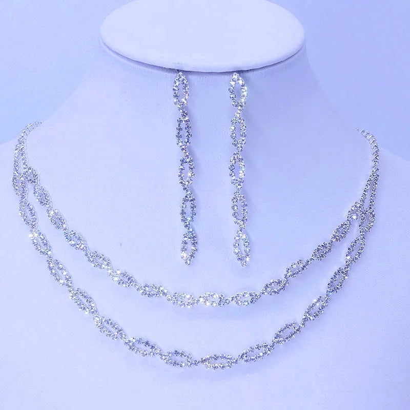 Cute Female White Crystal Wedding Jewelry Set Charm Silver Color Dangle Earrings For Women Trendy Bridal Zircon Chain Necklace