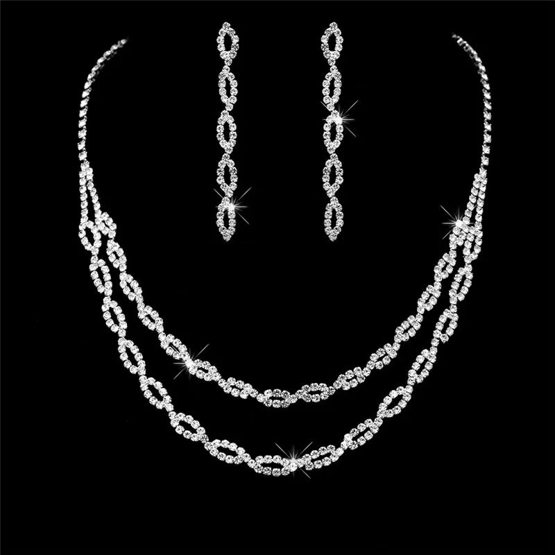 Cute Female White Crystal Wedding Jewelry Set Charm Silver Color Dangle Earrings For Women Trendy Bridal Zircon Chain Necklace