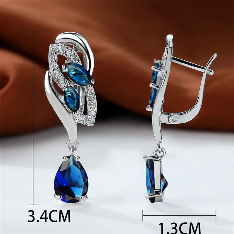 Luxury Female Green Stone Silver Color Clip Earrings For Women Charm Crystal Zircon Wedding Jewelry