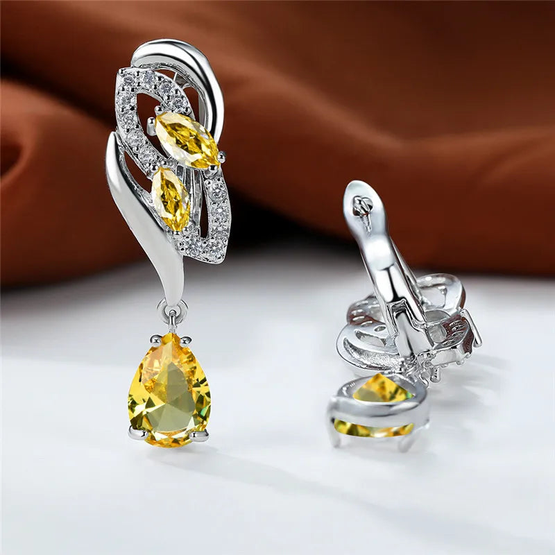 Luxury Female Green Stone Silver Color Clip Earrings For Women Charm Crystal Zircon Wedding Jewelry