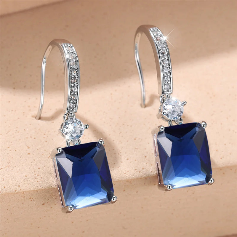 Charm Female Water Blue Crystal Stone Drop Earrings Silver Color Cute Trendy Bridal Wedding Jewelry For Women