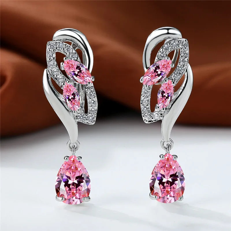 Luxury Female Green Stone Silver Color Clip Earrings For Women Charm Crystal Zircon Wedding Jewelry