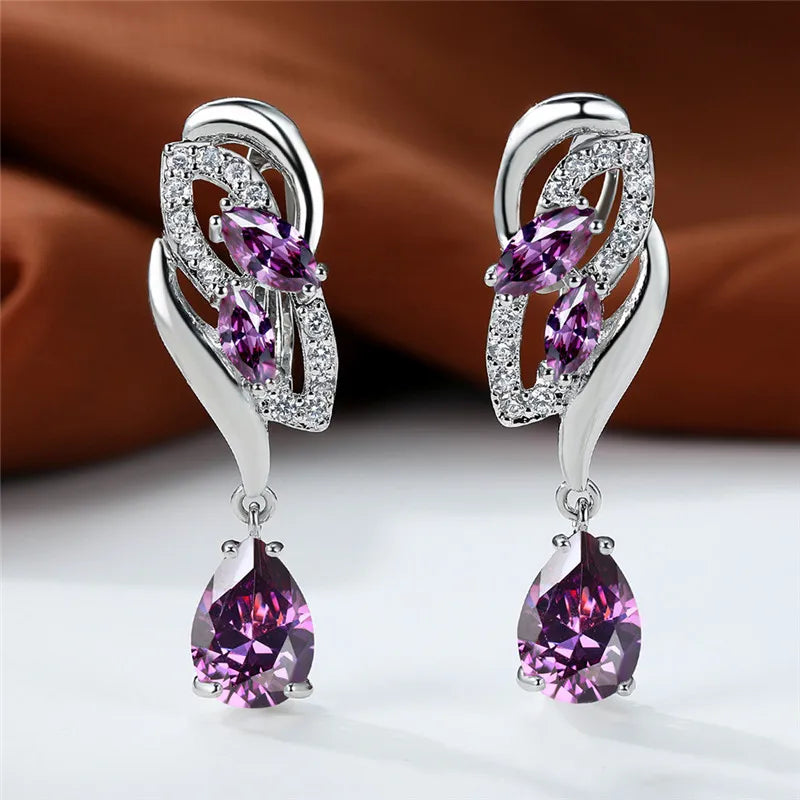Luxury Female Green Stone Silver Color Clip Earrings For Women Charm Crystal Zircon Wedding Jewelry