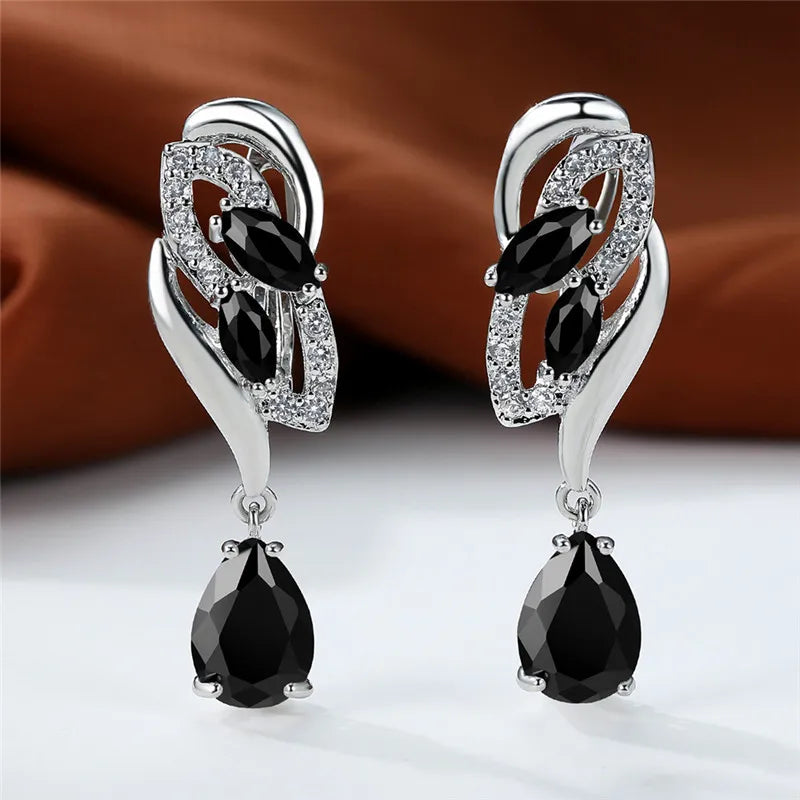 Luxury Female Green Stone Silver Color Clip Earrings For Women Charm Crystal Zircon Wedding Jewelry