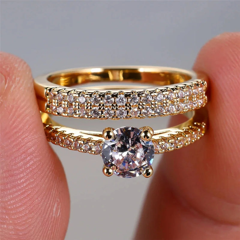 Luxury Female 2pcs Small Round White Zircon Stone Ring Set Promise Gold Color Wedding Engagement Jewelry For Women