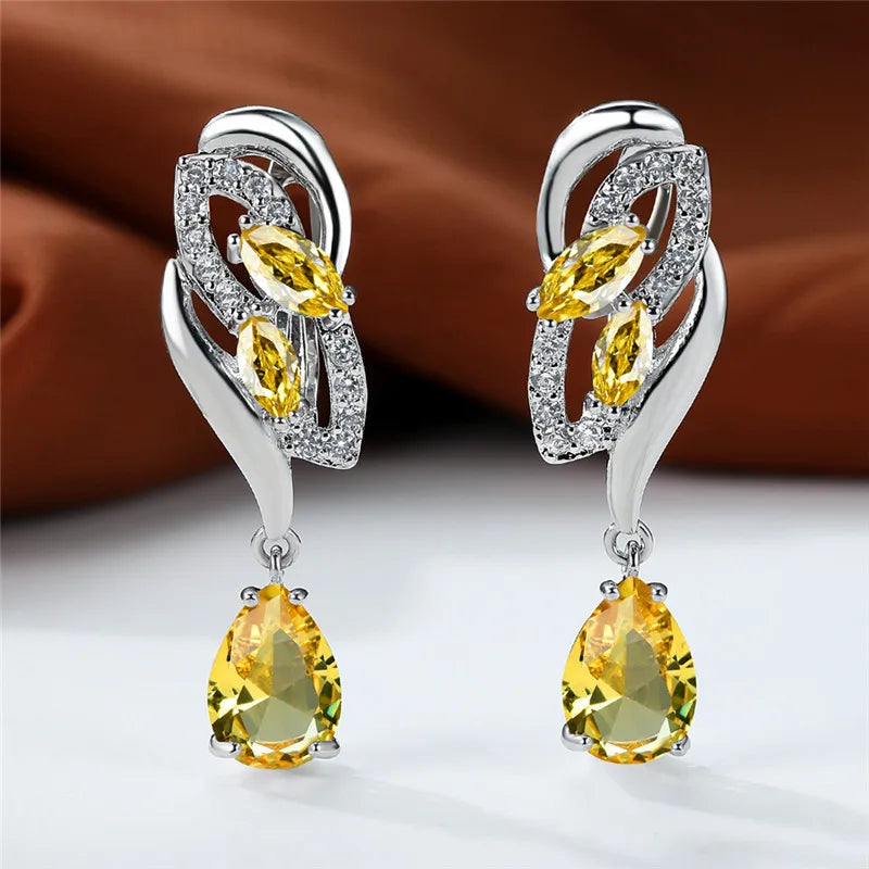 Luxury Female Green Stone Silver Color Clip Earrings For Women Charm Crystal Zircon Wedding Jewelry