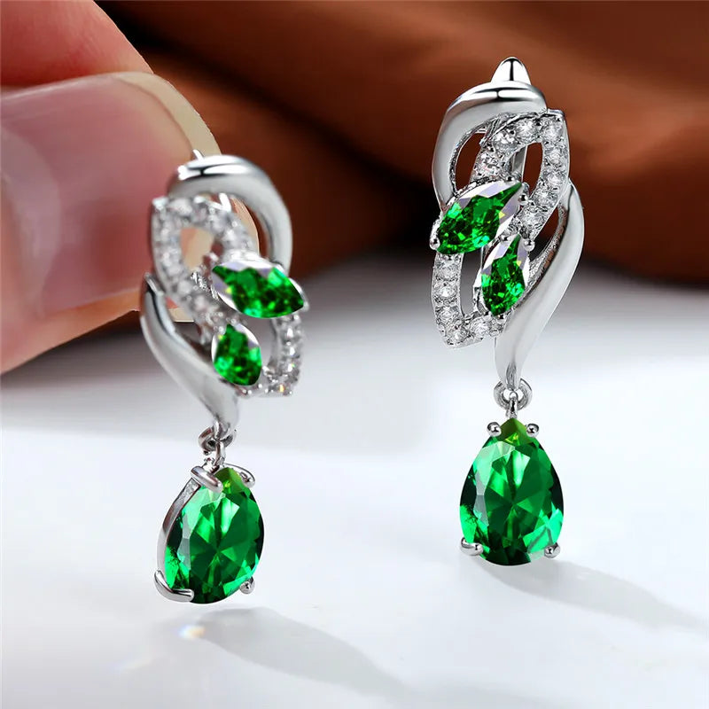Luxury Female Green Stone Silver Color Clip Earrings For Women Charm Crystal Zircon Wedding Jewelry