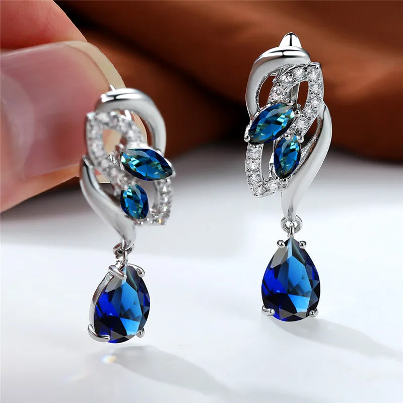 Luxury Female Green Stone Silver Color Clip Earrings For Women Charm Crystal Zircon Wedding Jewelry