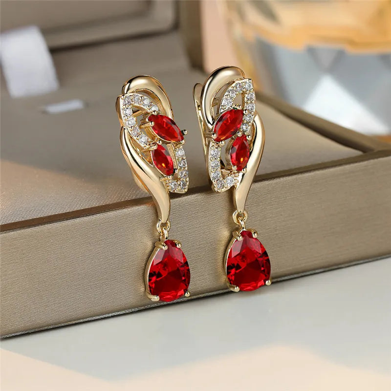 Cute Female Green Blue Zircon Stone Earrings Luxury Gold Color Wedding Jewelry For Women
