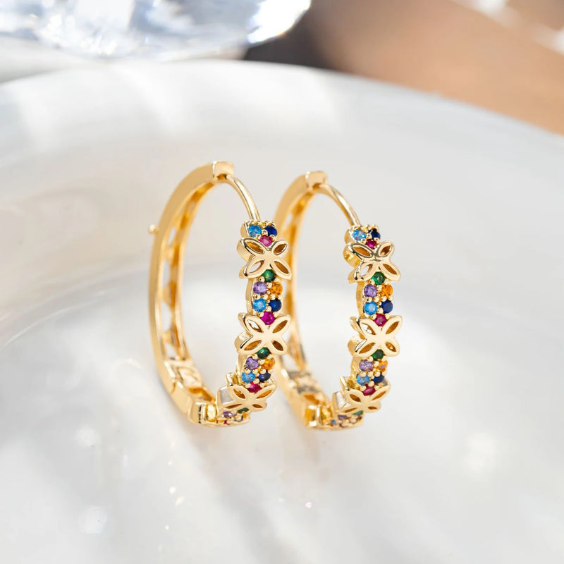 Statement Female Rainbow Flower Zircon Stone Hoop Earrings Luxury Glod Color Wedding Jewelry For Women