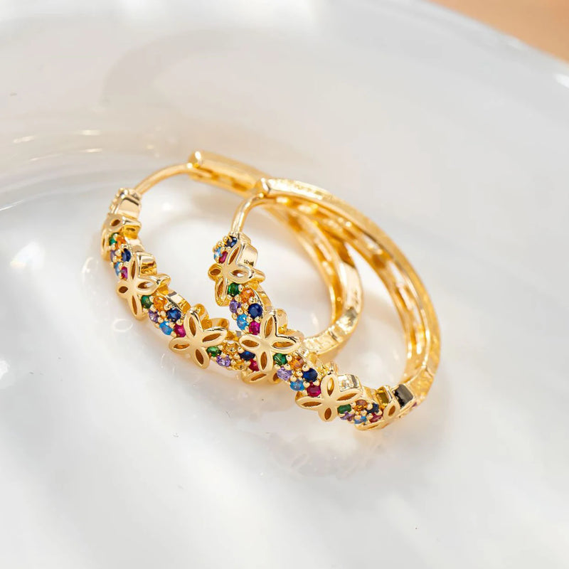 Statement Female Rainbow Flower Zircon Stone Hoop Earrings Luxury Glod Color Wedding Jewelry For Women