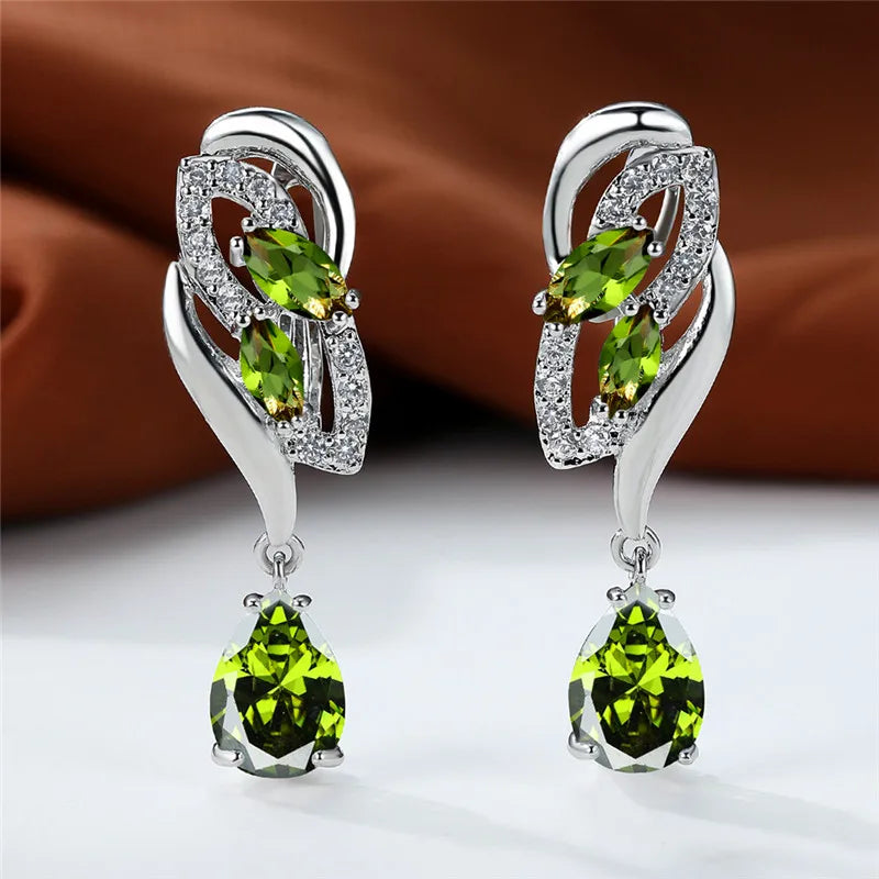 Luxury Female Green Stone Silver Color Clip Earrings For Women Charm Crystal Zircon Wedding Jewelry