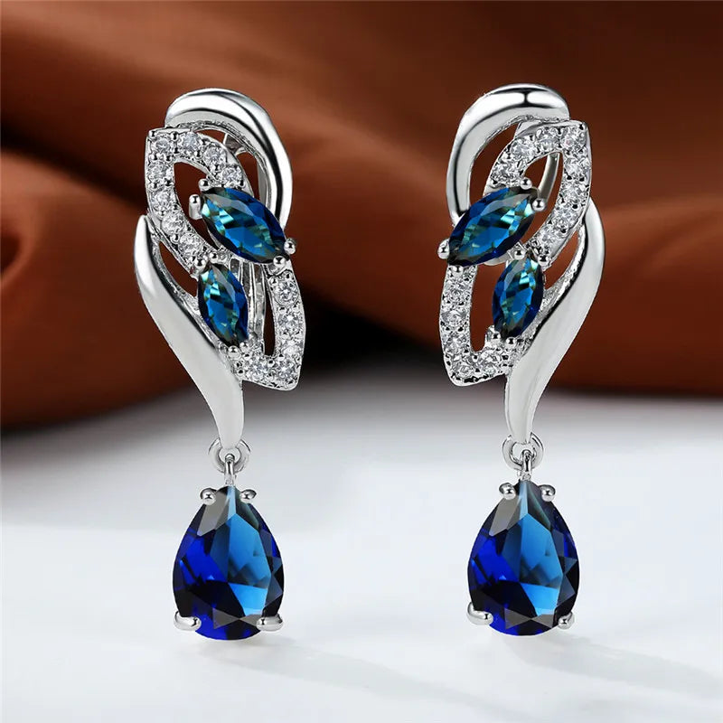 Luxury Female Green Stone Silver Color Clip Earrings For Women Charm Crystal Zircon Wedding Jewelry