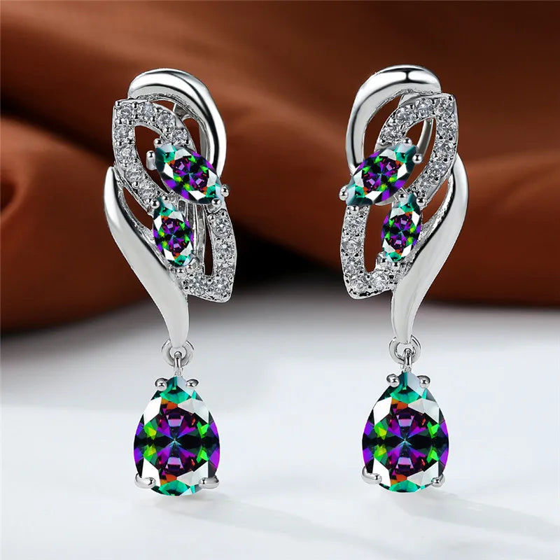 Luxury Female Green Stone Silver Color Clip Earrings For Women Charm Crystal Zircon Wedding Jewelry