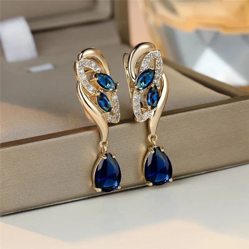 Cute Female Green Blue Zircon Stone Earrings Luxury Gold Color Wedding Jewelry For Women