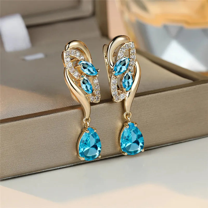 Cute Female Green Blue Zircon Stone Earrings Luxury Gold Color Wedding Jewelry For Women