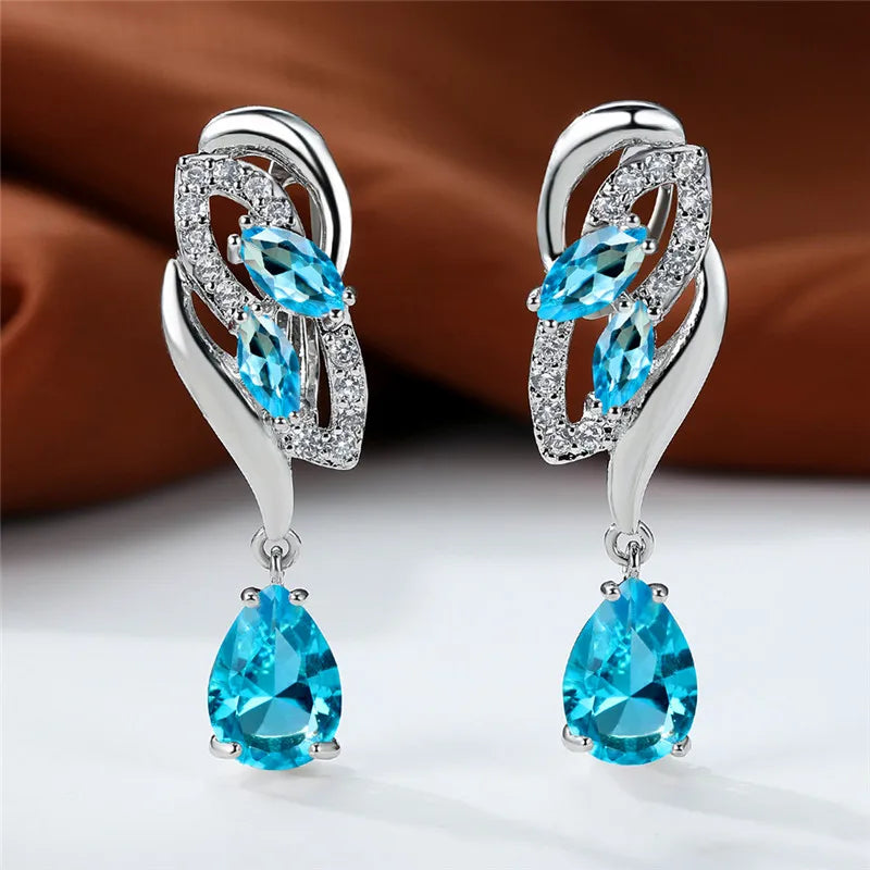 Luxury Female Green Stone Silver Color Clip Earrings For Women Charm Crystal Zircon Wedding Jewelry