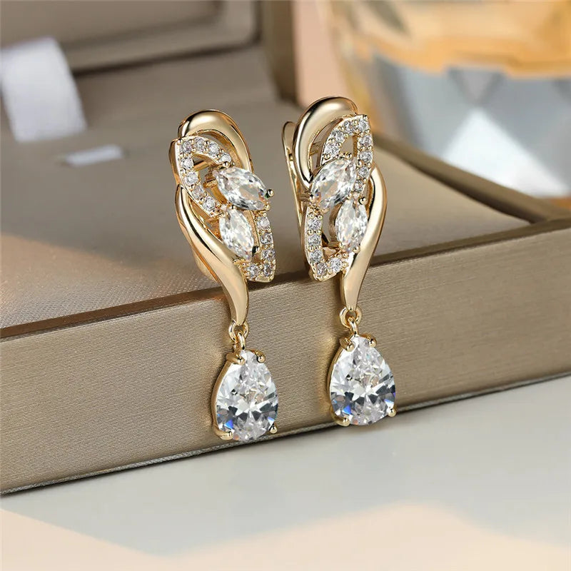 Cute Female Green Blue Zircon Stone Earrings Luxury Gold Color Wedding Jewelry For Women