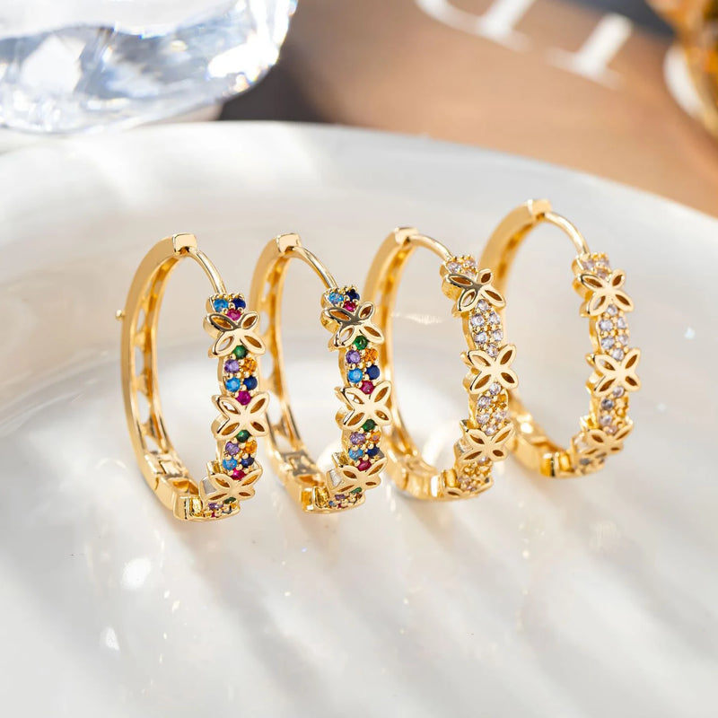 Statement Female Rainbow Flower Zircon Stone Hoop Earrings Luxury Glod Color Wedding Jewelry For Women