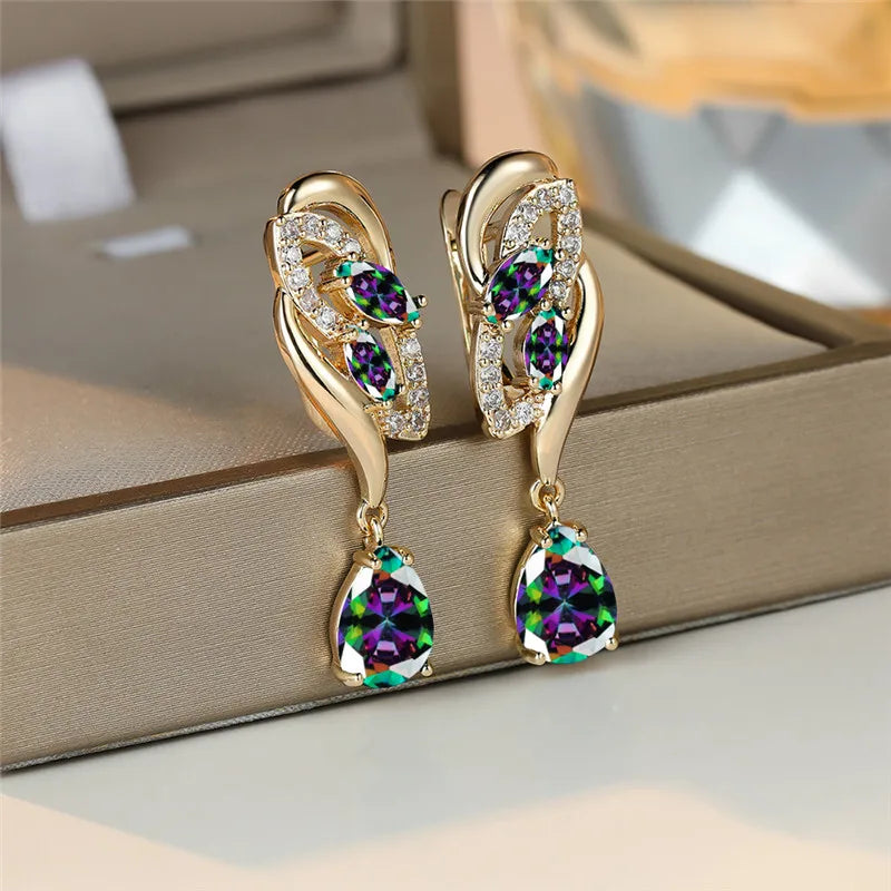 Cute Female Green Blue Zircon Stone Earrings Luxury Gold Color Wedding Jewelry For Women