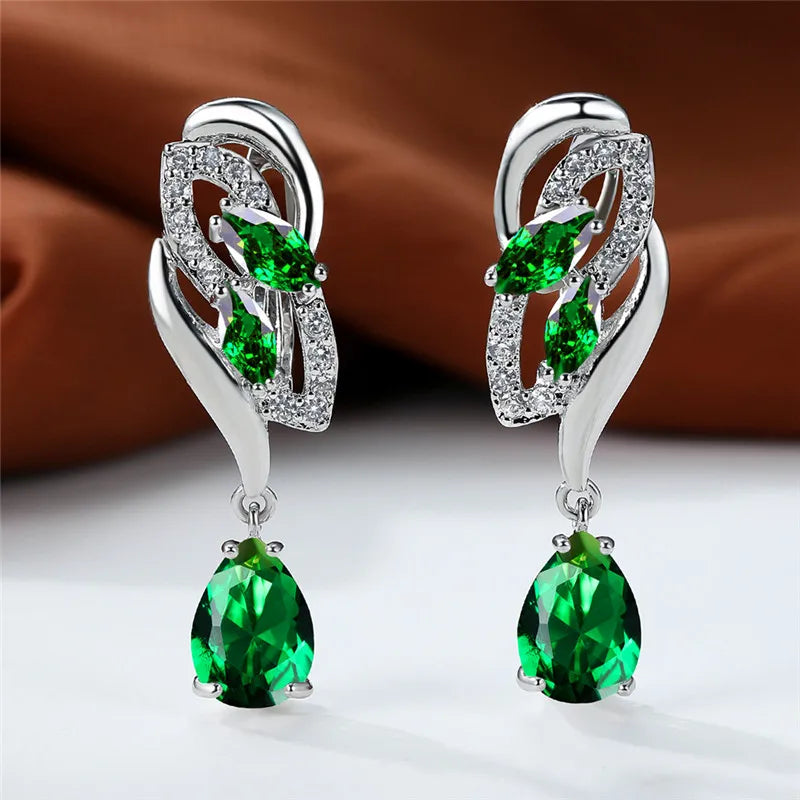 Luxury Female Green Stone Silver Color Clip Earrings For Women Charm Crystal Zircon Wedding Jewelry