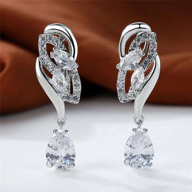 Luxury Female Green Stone Silver Color Clip Earrings For Women Charm Crystal Zircon Wedding Jewelry