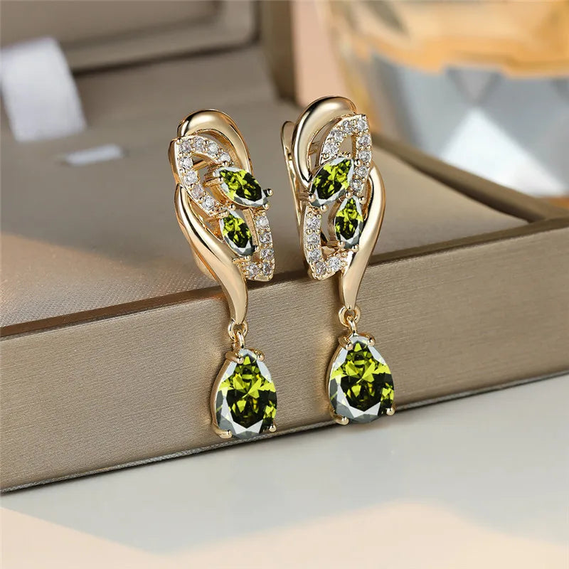 Cute Female Green Blue Zircon Stone Earrings Luxury Gold Color Wedding Jewelry For Women